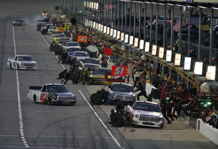 JOLIET, ILLINOIS - JUNE 28: Brandon Jones, driver of the #51 Chigo/Menards Toyota, pits during the NASCAR Gander Outdoors Truck Series Camping World 225 at Chicagoland Speedway on June 28, 2019 in Joliet, Illinois. (Photo by Jonathan Daniel/Getty Images) | Getty Images