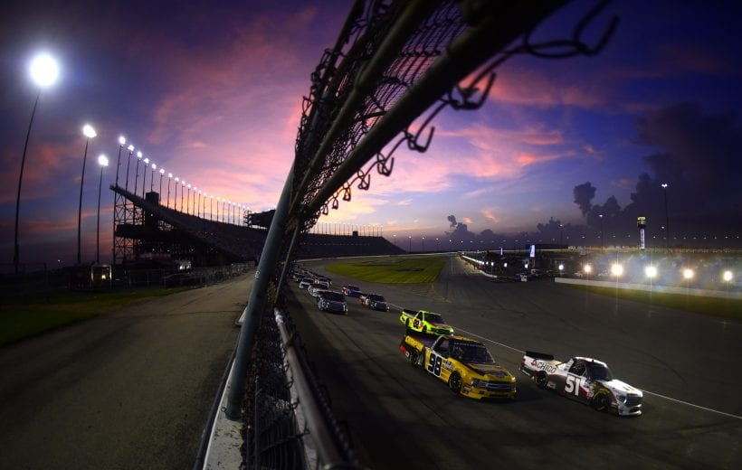 JOLIET, ILLINOIS - JUNE 28: Grant Enfinger, driver of the #98 Champion Power Equipment Ford, and Brandon Jones, driver of the #51 Chigo/Menards Toyota, lead a pack of trucks during the NASCAR Gander Outdoors Truck Series Camping World 225 at Chicagoland Speedway on June 28, 2019 in Joliet, Illinois. (Photo by Jared C. Tilton/Getty Images) | Getty Images