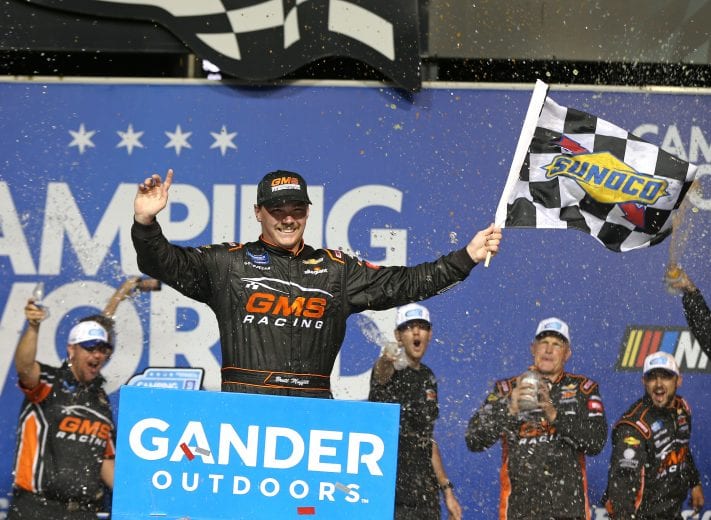 JOLIET, ILLINOIS - JUNE 28: Brett Moffitt, driver of the #24 GMS Chevrolet, celebrates in Victory Lane after winning the NASCAR Gander Outdoors Truck Series Camping World 225 at Chicagoland Speedway on June 28, 2019 in Joliet, Illinois. (Photo by Matt Sullivan/Getty Images) | Getty Images