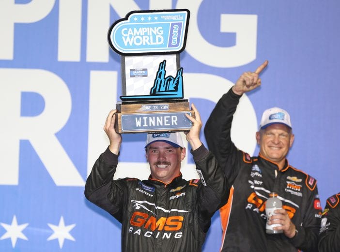 JOLIET, ILLINOIS - JUNE 28: Brett Moffitt, driver of the #24 GMS Chevrolet, celebrates with the trophy in Victory Lane after winning the NASCAR Gander Outdoors Truck Series Camping World 225 at Chicagoland Speedway on June 28, 2019 in Joliet, Illinois. (Photo by Matt Sullivan/Getty Images) | Getty Images