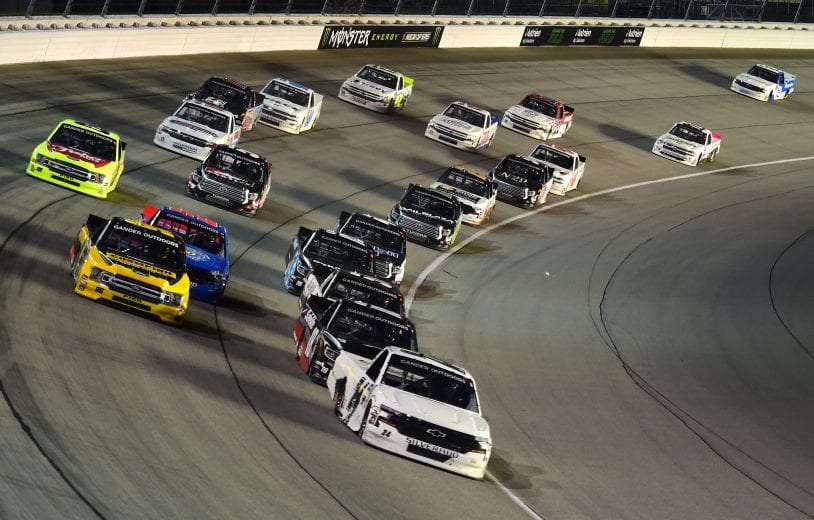 JOLIET, ILLINOIS - JUNE 28: Brett Moffitt, driver of the #24 GMS Chevrolet, leads a pack of trucks during the NASCAR Gander Outdoors Truck Series Camping World 225 at Chicagoland Speedway on June 28, 2019 in Joliet, Illinois. (Photo by Jared C. Tilton/Getty Images) | Getty Images