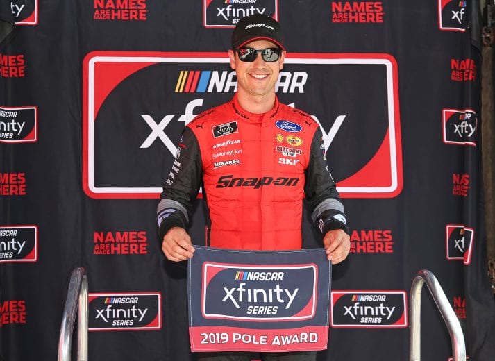 JOLIET, ILLINOIS - JUNE 29: Joey Logano, driver of the #12 Snap On Ford, poses with the pole award after qualifying for the NASCAR Xfinity Series Camping World 300 at Chicagoland Speedway on June 29, 2019 in Joliet, Illinois. (Photo by Matt Sullivan/Getty Images) | Getty Images