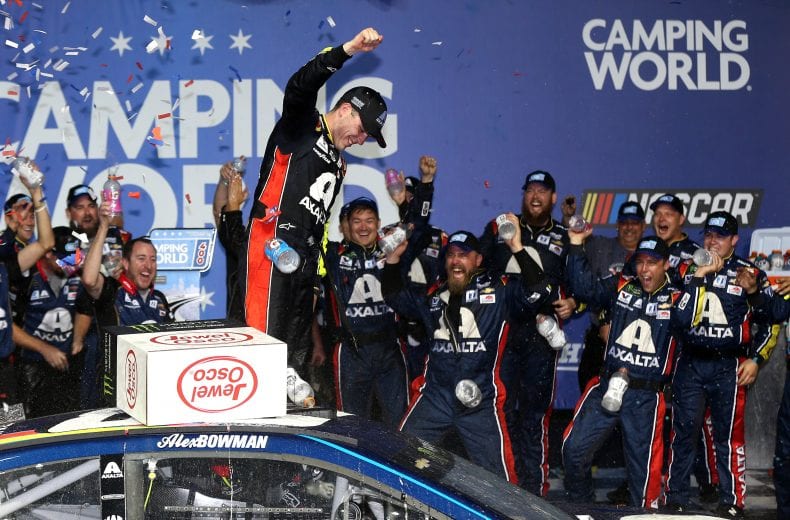 JOLIET, ILLINOIS - JUNE 30: Alex Bowman, driver of the #88 Axalta Chevrolet, celebrates in Victory Lane after winning the Monster Energy NASCAR Cup Series Camping World 400 at Chicagoland Speedway on June 30, 2019 in Joliet, Illinois. (Photo by Matt Sullivan/Getty Images) | Getty Images