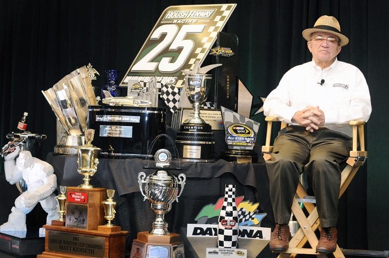 CONCORD, NC - JANUARY 24:  Jack Roush, owner of Roush Fenway Racing, poses with his team's trophies during the 2012 NASCAR Sprint Cup Series Media Tour hosted by Charlotte Motor Speedway on January 24, 2012 in Concord, North Carolina.  (Photo by Jared C. Tilton/Getty Images for NASCAR) | Getty Images