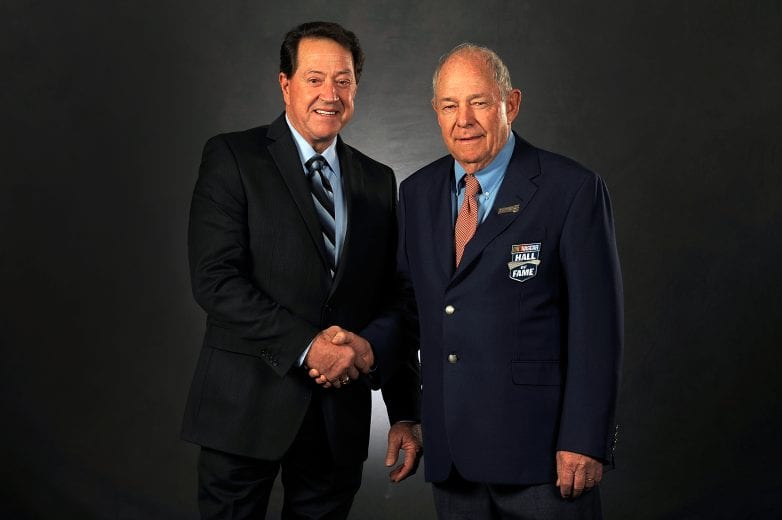 CHARLOTTE, NC - JANUARY 29: NASCAR Hall of Famer Jack Ingram (right) and NASCAR legend Harry Gant pose for a portrait session during the NASCAR Hall of Fame induction ceremony at NASCAR Hall of Fame on January 29, 2014 in Charlotte, North Carolina. (Photo by Jared C. Tilton/NASCAR via Getty Images)