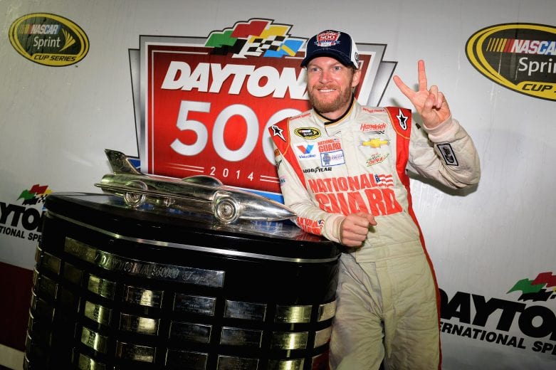 DAYTONA BEACH, FL - FEBRUARY 23:  Dale Earnhardt Jr., driver of the #88 National Guard Chevrolet, celebrates in Victory Lane with the the Harley J. Earl trophy after winning the NASCAR Sprint Cup Series Daytona 500 at Daytona International Speedway on February 23, 2014 in Daytona Beach, Florida.  (Photo by Patrick Smith/Getty Images) | Getty Images
