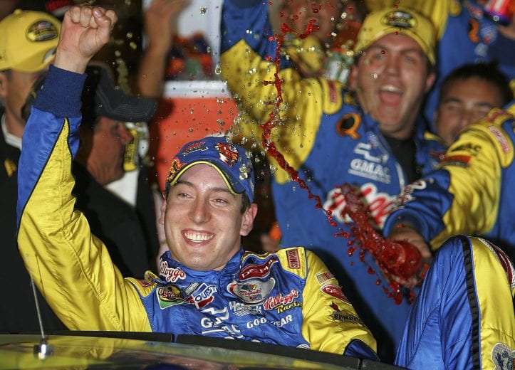 FONTANA, CA - SEPTEMBER 4:  Kyle Busch, driver of the #5 Hendrick Motorsports Kellogg's Chevrolet, celebrates after winning the NASCAR Nextel Cup Series Sony HD 500 on September 4 , 2005 at the California Speedway in Fontana, California.  (Photo By Darrell Ingham/Getty Images) | Getty Images
