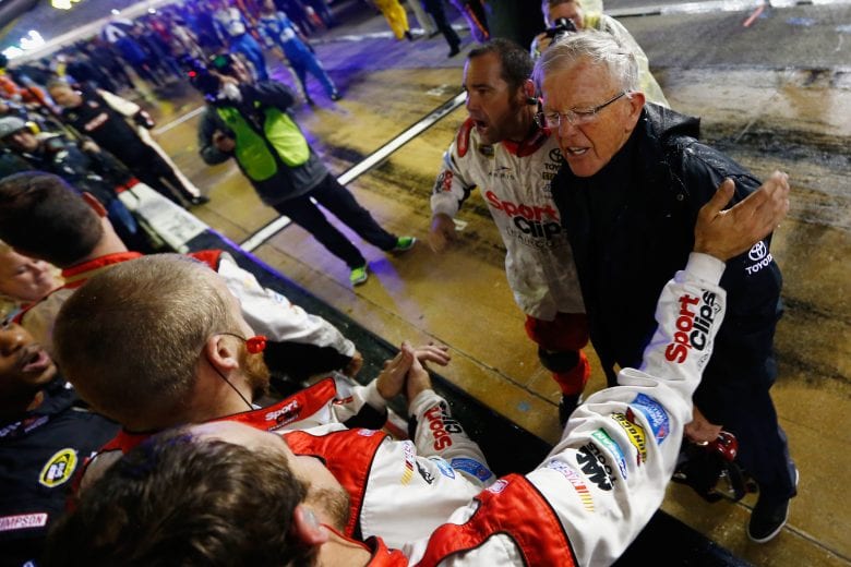FORT WORTH, TX - NOVEMBER 06: Team owner Joe Gibbs celebrates a Carl Edwards, driver of the #19 Sport Clips Toyota, victory in the rain-shortened NASCAR Sprint Cup Series AAA Texas 500 at Texas Motor Speedway on November 6, 2016 in Fort Worth, Texas.  (Photo by Daniel Shirey/Getty Images) | Getty Images