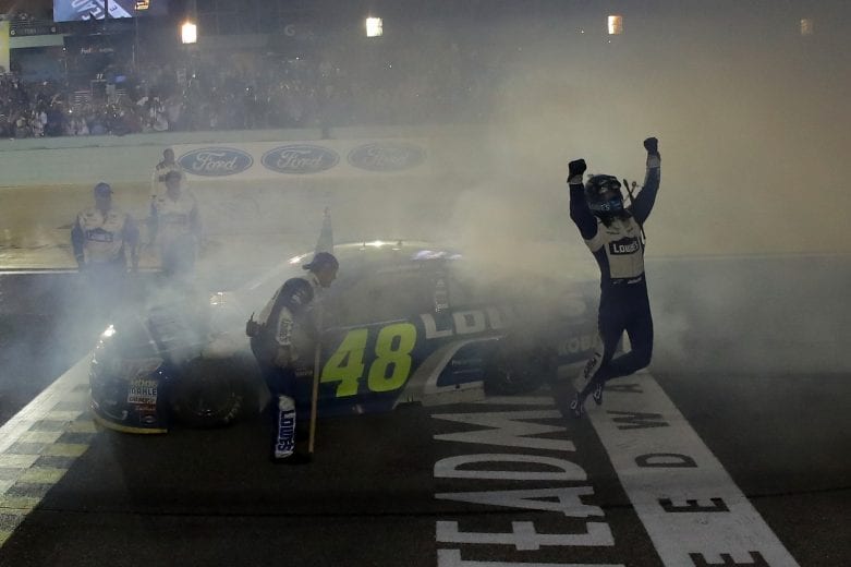 HOMESTEAD, FL - NOVEMBER 20:  Jimmie Johnson, driver of the #48 Lowe's Chevrolet, celebrates after winning the NASCAR Sprint Cup Series Ford EcoBoost 400 and the 2016 NASCAR Sprint Cup Series Championship at Homestead-Miami Speedway on November 20, 2016 in Homestead, Florida. Johnson wins a record-tying 7th NASCAR title.  (Photo by Sarah Crabill/Getty Images) | Getty Images