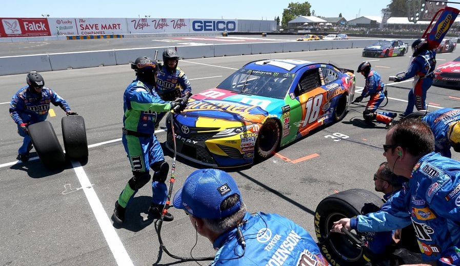 SONOMA, CA - JUNE 24: Kyle Busch, driver of the #18 M&M's Caramel Toyota, pits during the Monster Energy NASCAR Cup Series Toyota/Save Mart 350 at Sonoma Raceway on June 24, 2018 in Sonoma, California. (Photo by Brian Lawdermilk/Getty Images) | Getty Images