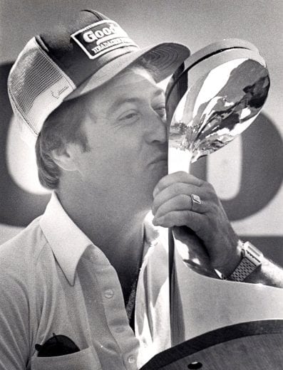 CONCORD, NC - OCTOBER 10: Harry Gant celebrates in Victory Lane after winning the National 500. Gant would take home $47,740 for the win. (Photo by Racing Photo Archives/Getty Images)