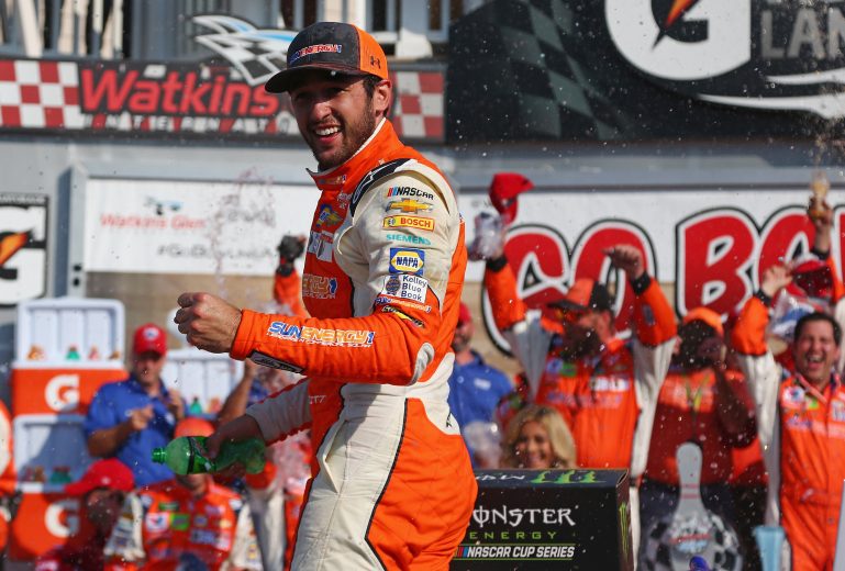 WATKINS GLEN, NY - AUGUST 05: Chase Elliott, driver of the #9 SunEnergy1 Chevrolet, celebrates in Victory Lane after winning the Monster Energy NASCAR Cup Series GoBowling at The Glen at Watkins Glen International on August 5, 2018 in Watkins Glen, New York. (Photo by Sarah Crabill/Getty Images) | Getty Images