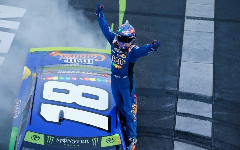 LOUDON, NH - SEPTEMBER 24:  Kyle Busch, driver of the #18 M&M's Caramel Toyota, celebrates winning the Monster Energy NASCAR Cup Series ISM Connect 300 at New Hampshire Motor Speedway on September 24, 2017 in Loudon, New Hampshire.  (Photo by Jonathan Ferrey/Getty Images) | Getty Images