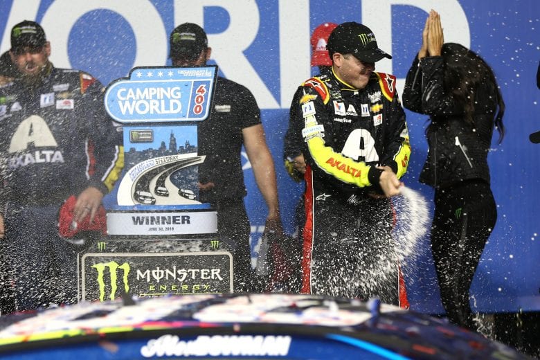 JOLIET, ILLINOIS - JUNE 30: Alex Bowman, driver of the #88 Axalta Chevrolet, celebrates in Victory Lane after winning the Monster Energy NASCAR Cup Series Camping World 400 at Chicagoland Speedway on June 30, 2019 in Joliet, Illinois. (Photo by Matt Sullivan/Getty Images) | Getty Images