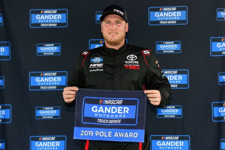 JOLIET, ILLINOIS - JUNE 28: Austin Hill, driver of the #16 SiriusXM Toyota, poses with the Pole Award after posting the quickest lap during qualifying for the NASCAR Gander Outdoors Truck Series Camping World 225 at Chicagoland Speedway on June 28, 2019 in Joliet, Illinois. (Photo by Jared C. Tilton/Getty Images) | Getty Images