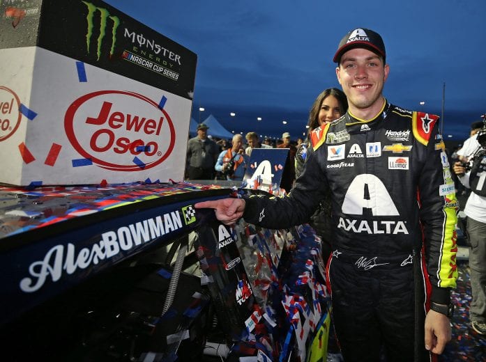 JOLIET, ILLINOIS - JUNE 30: Alex Bowman, driver of the #88 Axalta Chevrolet, poses with the winner's sticker after the Monster Energy NASCAR Cup Series Camping World 400 at Chicagoland Speedway on June 30, 2019 in Joliet, Illinois. (Photo by Matt Sullivan/Getty Images) | Getty Images