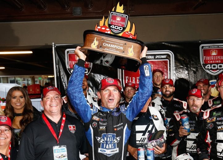 BROOKLYN, MI - JUNE 10: Clint Bowyer, driver of the #14 Haas 30 Years of the VF1 Ford, celebrates with the trophy after winning the Monster Energy NASCAR Cup Series FireKeepers Casino 400 at Michigan International Speedway on June 10, 2018 in Brooklyn, Michigan. (Photo by Jeff Zelevansky/Getty Images) | Getty Images