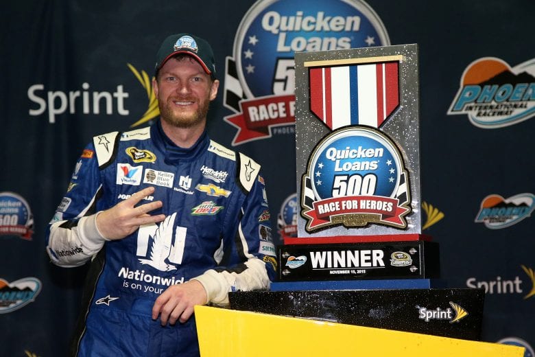 AVONDALE, AZ - NOVEMBER 15: Dale Earnhardt Jr., driver of the #88 Nationwide Chevrolet, celebrates in victory lane after winning the rain-shortened NASCAR Sprint Cup Series Quicken Loans Race for Heroes 500 at Phoenix International Raceway on November 15, 2015 in Avondale, Arizona. (Photo by Sean Gardner/Getty Images) | Getty Images