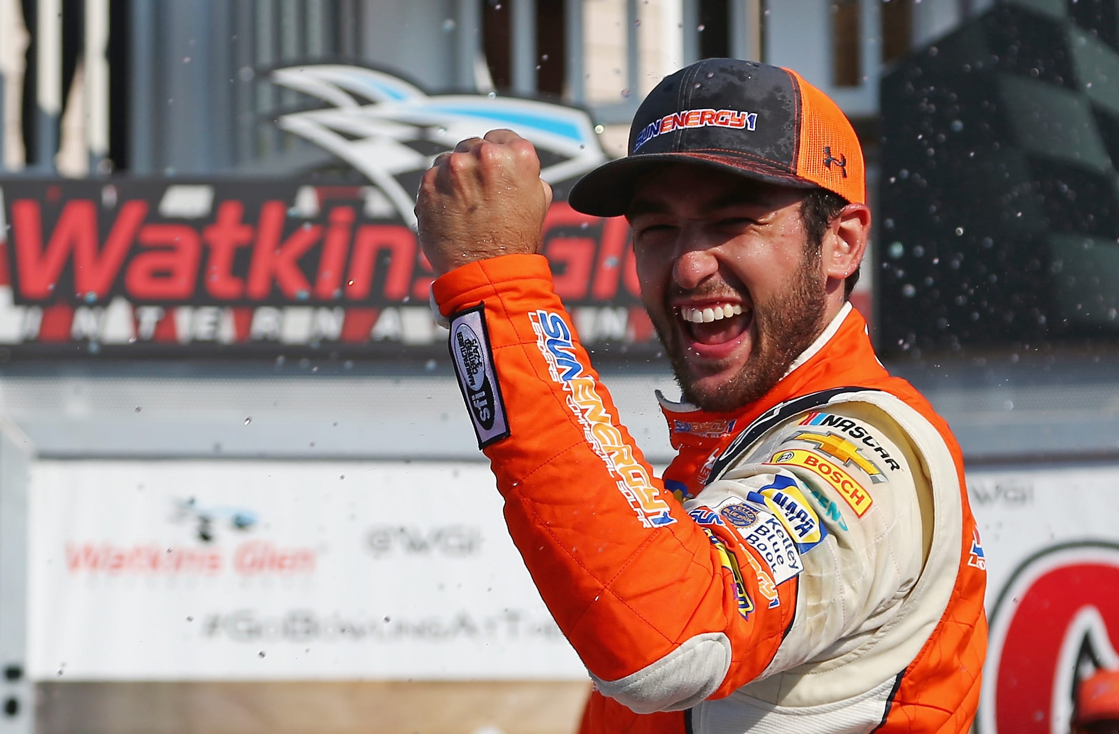 WATKINS GLEN, NY - AUGUST 05:  Chase Elliott, driver of the #9 SunEnergy1 Chevrolet, celebrates in Victory Lane after winning the Monster Energy NASCAR Cup Series GoBowling at The Glen at Watkins Glen International on August 5, 2018 in Watkins Glen, New York.  (Photo by Sarah Crabill/Getty Images) | Getty Images