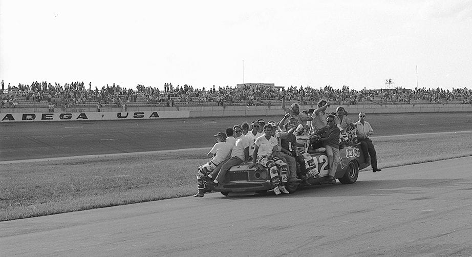 TALLADEGA, AL - AUGUST 22, 1971: After a race-ending skirmish which involved second- and third-place finishers Richard Petty and Pete Hamilton, Bobby Allison managed to win the Talladega 500 at Alabama International Motor Speedway driving a Holman-Moody Mercury. (Photo by ISC Images & Archives via Getty Images)