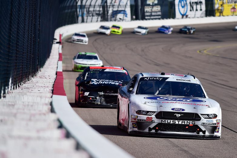 NEWTON, IA - JULY 27: Chase Briscoe, driver of the #98 Ford Performance Ford, leads a pack of cars during the NASCAR Xfinity Series U.S. Cellular 250 at Iowa Speedway on July 27, 2019 in Newton, Iowa. (Photo by Jeff Curry/Getty Images) | Getty Images