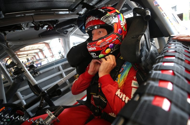 JOLIET, ILLINOIS - JUNE 29: Kyle Busch, driver of the #18 Skittles Red White & Blue Toyota, sits in his car during practice for the Monster Energy NASCAR Cup Series Camping World 400 at Chicagoland Speedway on June 29, 2019 in Joliet, Illinois. (Photo by Matt Sullivan/Getty Images) | Getty Images