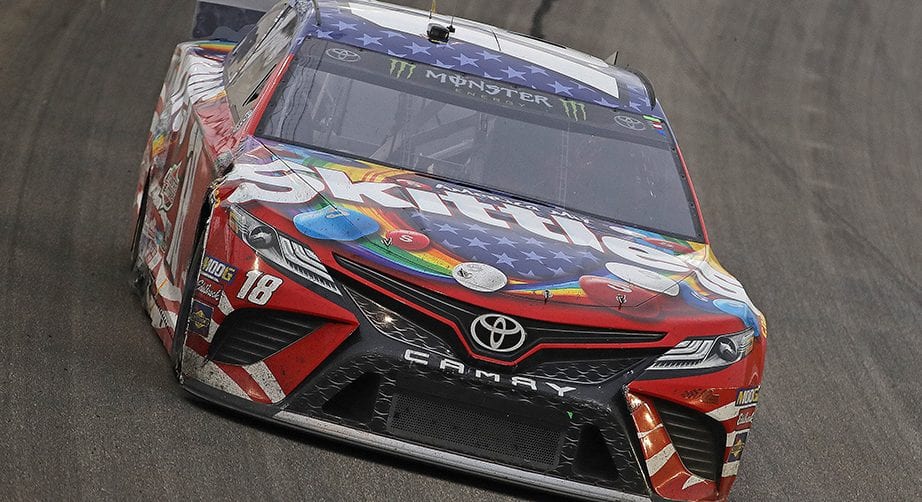 JOLIET, ILLINOIS - JUNE 30: Kyle Busch, driver of the #18 Skittles Red White & Blue Toyota, races during the Monster Energy NASCAR Cup Series Camping World 400 at Chicagoland Speedway on June 30, 2019 in Joliet, Illinois. (Photo by Jonathan Daniel/Getty Images) | Getty Images