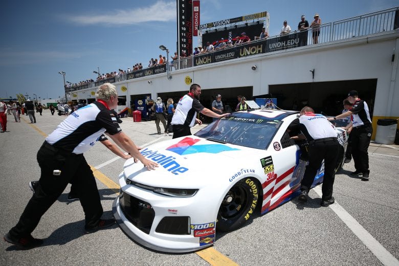 DAYTONA BEACH, FLORIDA - JULY 04: Alex Bowman, driver of the #88 Valvoline Patriotic Chevrolet, has his car pushed through the garage area during practice for the Monster Energy NASCAR Cup Series Coke Zero Sugar 400 at Daytona International Speedway on July 04, 2019 in Daytona Beach, Florida. (Photo by Matt Sullivan/Getty Images) | Getty Images