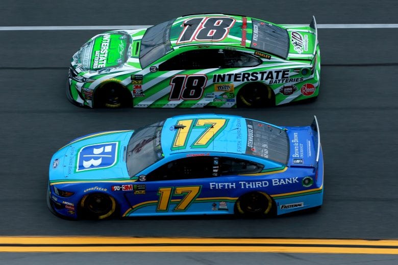DAYTONA BEACH, FLORIDA - JULY 04: Ricky Stenhouse Jr., driver of the #17 Fifth Third Bank Ford, and Kyle Busch, driver of the #18 Interstate Batteries Toyota, race during practice for the Monster Energy NASCAR Cup Series Coke Zero Sugar 400 at Daytona International Speedway on July 04, 2019 in Daytona Beach, Florida. (Photo by Sean Gardner/Getty Images) | Getty Images