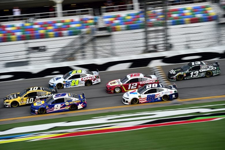 DAYTONA BEACH, FLORIDA - JULY 04: Aric Almirola, driver of the #10 Smithfield Anytime Favorites Ford, Chase Elliott, driver of the #9 NAPA Batteries Chevrolet, and William Byron, driver of the #24 Axalta Patriotic Chevrolet, lead a pack of cars during practice for the Monster Energy NASCAR Cup Series Coke Zero Sugar 400 at Daytona International Speedway on July 04, 2019 in Daytona Beach, Florida. (Photo by Jared C. Tilton/Getty Images) | Getty Images