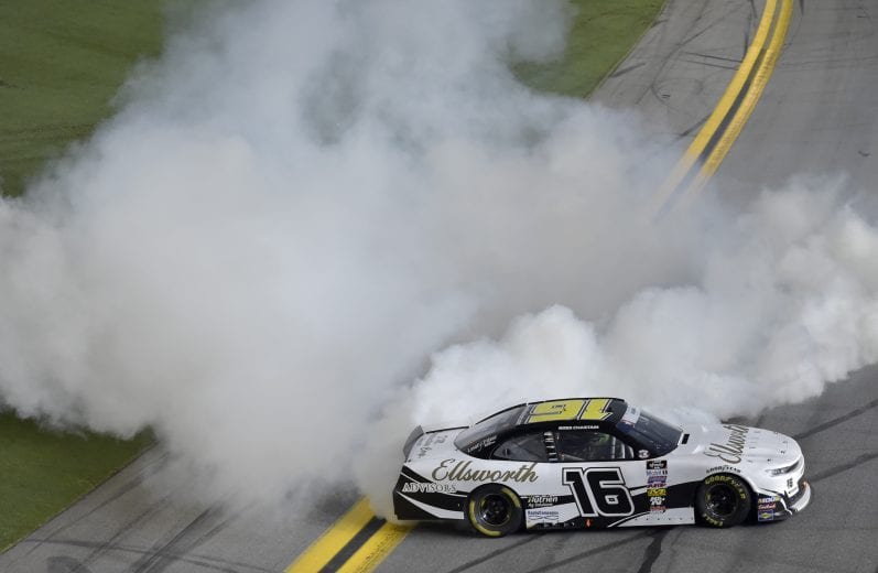 DAYTONA BEACH, FLORIDA - JULY 05: Ross Chastain, driver of the #16 Ellsworth Advisors Chevrolet, celebrates with a burnout after winning the NASCAR Xfinity Series Circle K Firecracker 250 Powered by Coca-Cola at Daytona International Speedway on July 05, 2019 in Daytona Beach, Florida. (Photo by Jeff Curry/Getty Images) | Getty Images