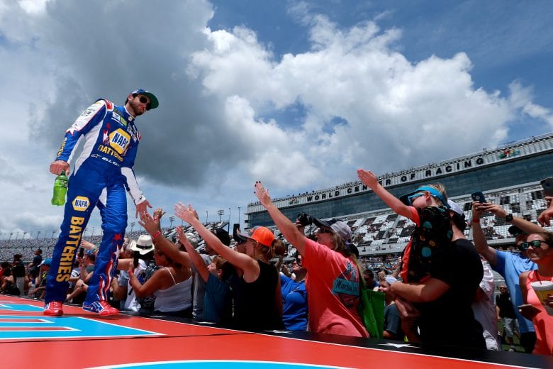 DAYTONA BEACH, FLORIDA - JULY 07: Chase Elliott, driver of the #9 NAPA Batteries Chevrolet, greets fans during pre-race ceremonies prior to the start of the Monster Energy NASCAR Cup Series Coke Zero Sugar 400 at Daytona International Speedway on July 07, 2019 in Daytona Beach, Florida. (Photo by Sean Gardner/Getty Images) | Getty Images