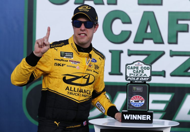 LOUDON, NEW HAMPSHIRE - JULY 19: Brad Keselowski, driver of the #2 Alliance Truck Parts Ford, celebrates with the Pole Award qualifying for the Monster Energy NASCAR Cup Series Foxwoods Resort Casino 301 at New Hampshire Motor Speedway on July 19, 2019 in Loudon, New Hampshire. (Photo by Brian Lawdermilk/Getty Images) | Getty Images