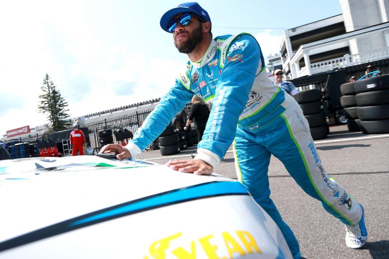 LONG POND, PENNSYLVANIA - JULY 27: Bubba Wallace, driver of the #43 Victory Junction Chevrolet, pushes his car through the garage during practice for the Monster Energy NASCAR Cup Series Gander RV 400 at Pocono Raceway on July 27, 2019 in Long Pond, Pennsylvania. (Photo by Sean Gardner/Getty Images) | Getty Images
