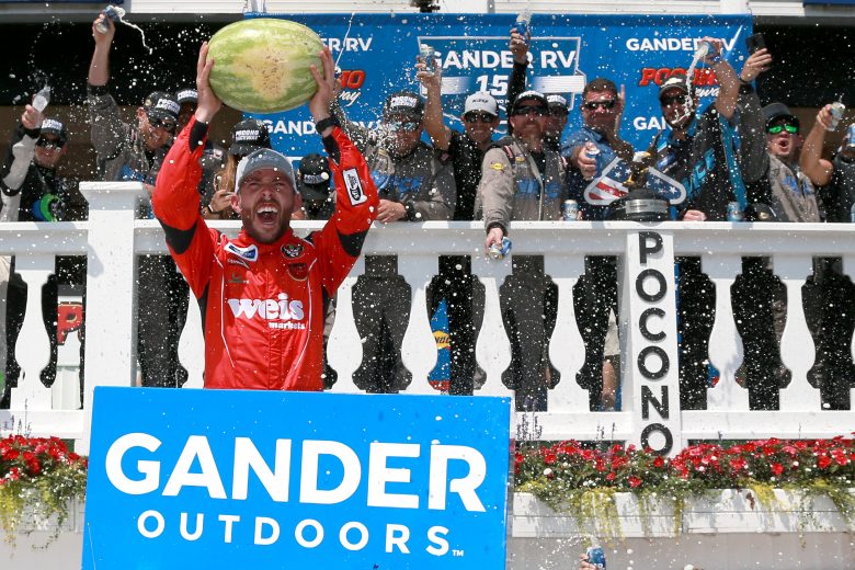 LONG POND, PENNSYLVANIA - JULY 27: Ross Chastain, driver of the #45 Niece/Acurlite Chevrolet, celebrates in Victory Lane after winning the NASCAR Gander Outdoors Truck Series Gander RV 150 at Pocono Raceway on July 27, 2019 in Long Pond, Pennsylvania. (Photo by Sean Gardner/Getty Images) | Getty Images