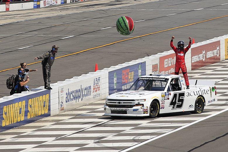 LONG POND, PENNSYLVANIA - JULY 27: Ross Chastain, driver of the #45 Niece/Acurlite Chevrolet, celebrates winning the NASCAR Gander Outdoors Truck Series Gander RV 150 at Pocono Raceway on July 27, 2019 in Long Pond, Pennsylvania. (Photo by Chris Trotman/Getty Images) | Getty Images