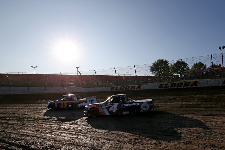 ROSSBURG, OHIO - JULY 31: Ross Chastain, driver of the #45 Niece/Jack Hewitt Tribute Chevrolet, and Todd Gilliland, driver of the #4 JBL/SiriusXM Toyota, drive during practice for the NASCAR Gander Outdoor Truck Series Eldora Dirt Derby at Eldora Speedway on July 31, 2019 in Rossburg, Ohio. (Photo by Matt Sullivan/Getty Images) | Getty Images
