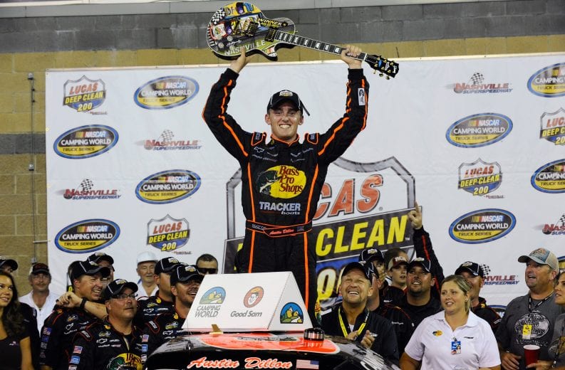 LEBANON, TN - JULY 22:  Austin Dillon, driver of the #3 Bass Pro Shops Chevrolet, celebrates in victory lane after winning the NASCAR Camping World Truck Series Lucas Deep Clean 200 at Nashville Superspeedway on July 22, 2011 in Lebanon, Tennessee.  (Photo by Jason Smith/Getty Images for NASCAR) | Getty Images