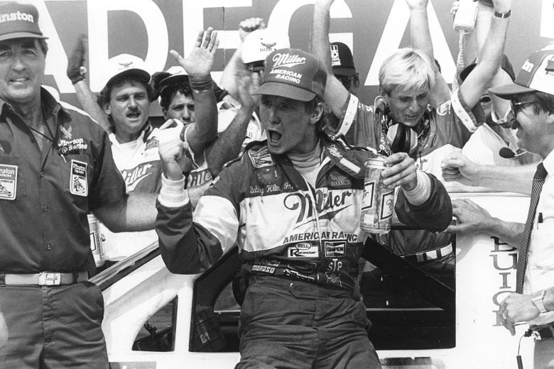 TALLADEGA, AL — July 27, 1986: Bobby Hillin, Jr. celebrates in victory lane at Talladega Superspeedway after winning the Talladega 500 NASCAR Cup race. It was Hillin’s only Cup victory in his 334 starts on the Cup circuit. (Photo by ISC Images & Archives via Getty Images)