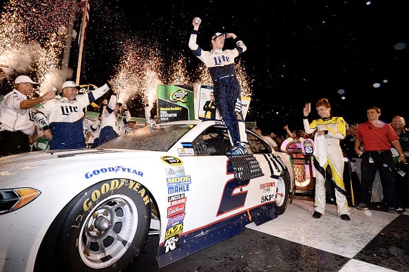 SPARTA, KY - JULY 09: Brad Keselowski, driver of the #2 Miller Lite Ford, celebrates in Victory Lane after winning the NASCAR Sprint Cup Series Quaker State 400 at Kentucky Speedway on July 9, 2016 in Sparta, Kentucky. (Photo by Blaine Ohigashi/Getty Images) | Getty Images