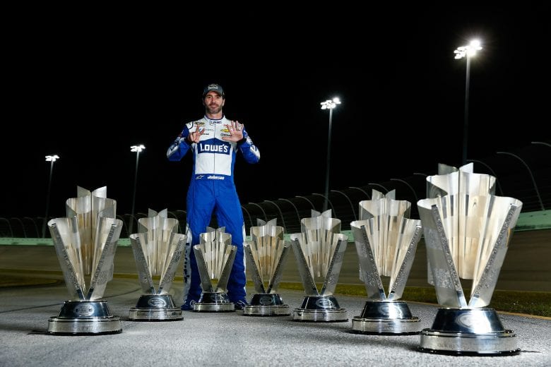 HOMESTEAD, FL - NOVEMBER 20:  Jimmie Johnson, driver of the #48 Lowe's Chevrolet, poses for a portrait after winning the 2016 NASCAR Sprint Cup Series Championship at Homestead-Miami Speedway on November 20, 2016 in Homestead, Florida.  (Photo by Jonathan Ferrey/NASCAR via Getty Images)