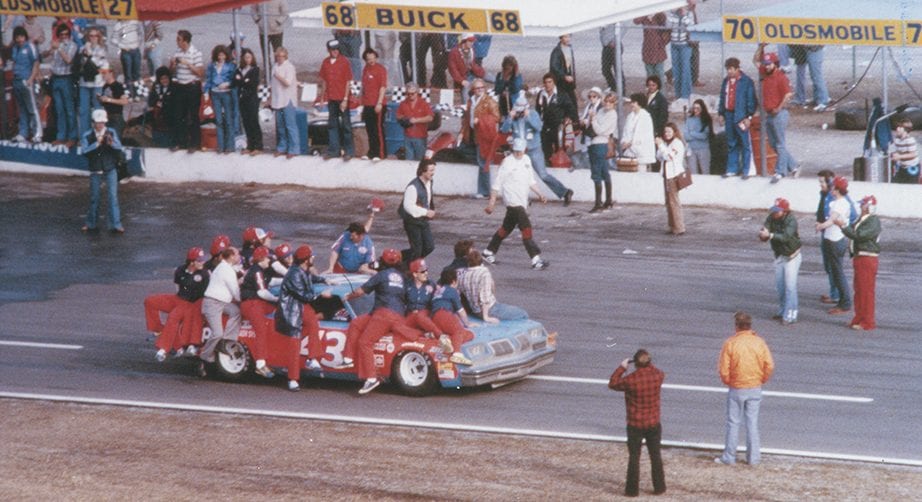 DAYTONA BEACH, FL - FEBRUARY 18: Richard Petty driver of the #43 STP Oldsmobile drives to victory lane after winning the Winston Cup Daytona 500 on February 18, 1979 at the Daytona International Speedway in Daytona Beach, Florida. (Photo by ISC Archives via Getty Images)