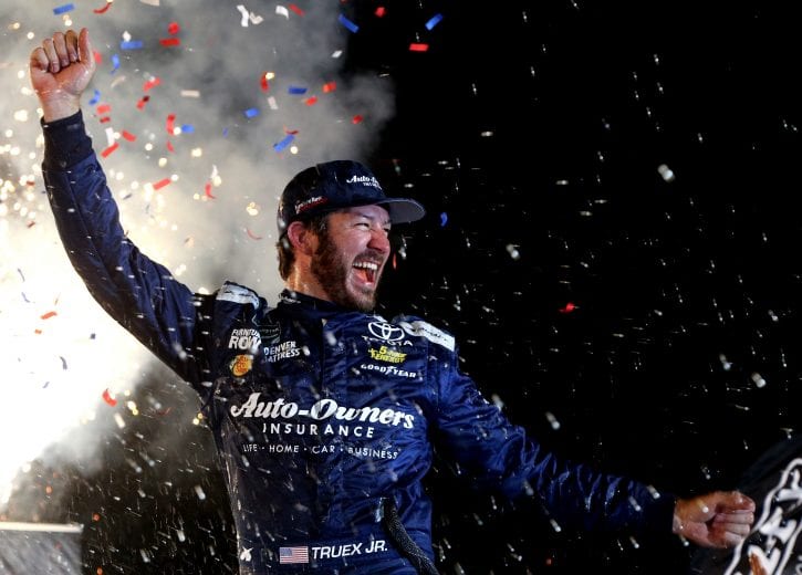 SPARTA, KY - JULY 14: Martin Truex Jr., driver of the #78 Auto-Owners Insurance Toyota, celebrates in Victory Lane after winning the Monster Energy NASCAR Cup Series Quaker State 400 presented by Walmart at Kentucky Speedway on July 14, 2018 in Sparta, Kentucky. (Photo by Jerry Markland/Getty Images) | Getty Images
