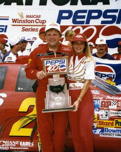 DAYTONA BEACH, FL - JULY 02: Jimmy Spencer, driver of the #27 McDonald's Ford, celebrates in Victory Lane after winning the Winston Cup Series Pepsi 400 at Daytona International Speedway on July 2, 1994 in Daytona Beach, Florida.
