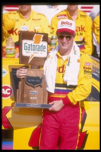 NASCAR driver Sterling Marlin wins the Daytona 500 at the Daytona International Speedway in Daytona Beach, Florida.