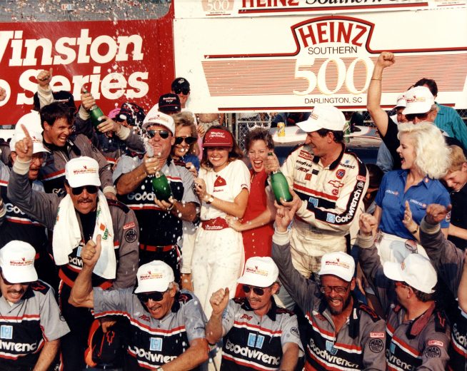 DARLINGTON, SC - SEPTEMBER 2, 1990: Dale Earnhardt stormed to his second win of 1990 with his victory in the Southern 500 at Darlington Raceway on Septmber 2, 1990 in Darlington, South Carolina. Earnhardt also won the pole for this race, which treated the fans to 20 lead changes. (Photo by ISC Archives/CQ-Roll Call Group via Getty Images)