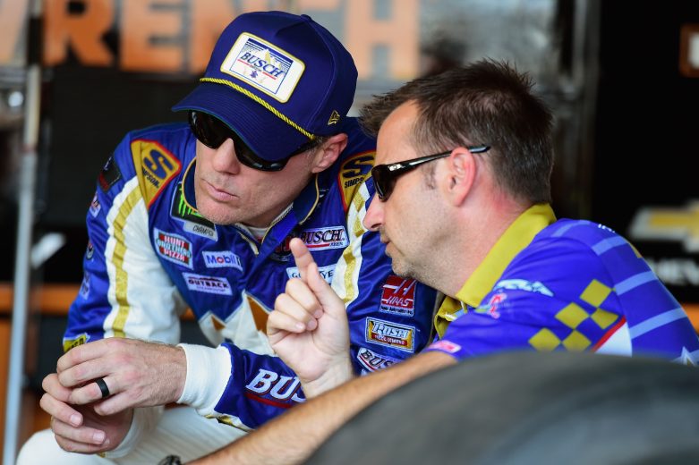 DARLINGTON, SC - AUGUST 31:  Kevin Harvick, driver of the #4 Busch Beer Throwback Ford, and crew chief Rodney Childers talk in the garage during practice for the Monster Energy NASCAR Cup Series Bojangles' Southern 500 at Darlington Raceway on August 31, 2018 in Darlington, South Carolina.  (Photo by Jared C. Tilton/Getty Images) | Getty Images