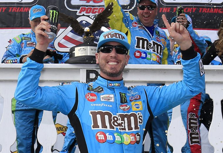 LONG POND, PENNSYLVANIA - JUNE 02: Kyle Busch, driver of the #18 M&M's Hazelnut Toyota, celebrates in Victory Lane after winning the Monster Energy NASCAR Cup Series Pocono 400 at Pocono Raceway on June 02, 2019 in Long Pond, Pennsylvania. (Photo by Chris Trotman/Getty Images) | Getty Images
