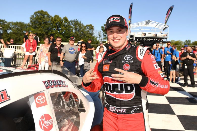 ELKHART LAKE, WISCONSIN - AUGUST 24: Christopher Bell, driver of the #20 Rudd Toyota, applies the winner's sticker after winning the NASCAR Xfinity Series CTECH Manufacturing 180 at Road America on August 24, 2019 in Elkhart Lake, Wisconsin. (Photo by Stacy Revere/Getty Images) | Getty Images