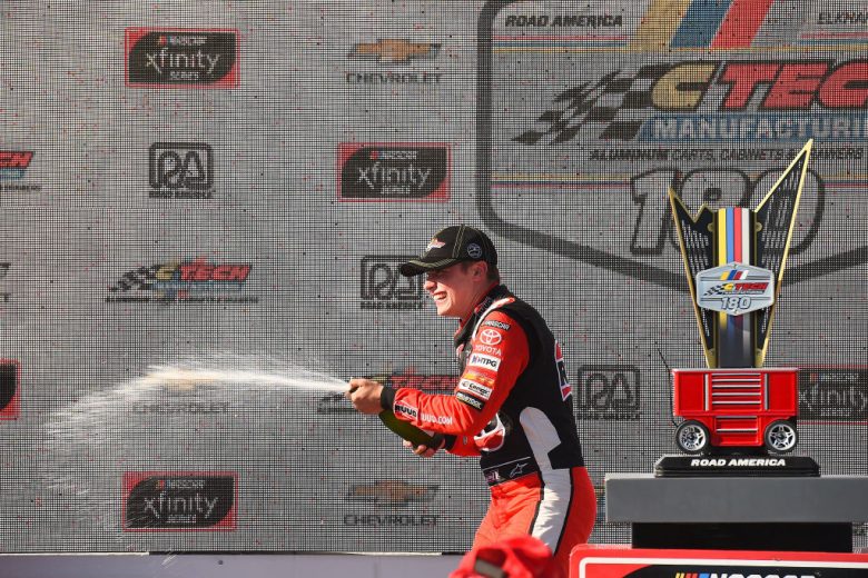 ELKHART LAKE, WISCONSIN - AUGUST 24: Christopher Bell, driver of the #20 Rudd Toyota, celebrates in Victory Lane after winning the NASCAR Xfinity Series CTECH Manufacturing 180 at Road America on August 24, 2019 in Elkhart Lake, Wisconsin. (Photo by Stacy Revere/Getty Images) | Getty Images
